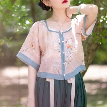 2022 m. Vasarą Naujosios Kinijos Drabužių Pusė-arm Juosmens ilgis Tango Marškinėliai Moterims Originalaus Dizaino Moterų Kinų Stiliaus Viršaus