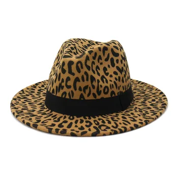Moterų Platus Kraštų Pajuto, Fedora Skrybėlę Leopardas Spausdinti Panama Trilby Dangtelis su Poliesterio Juosta Pločio Kraštų Vyrai Fedora Panamos Skrybėlės