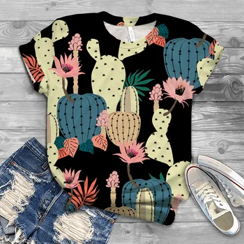Vasaros Kaktusas Augalų Bohemijos 3D Print T Shirt Negabaritinių Moterų Medžiaga Mados, Stiliaus moteriškų Rūbų, Marškinėlių Seksualių Merginų Tees Viršūnės