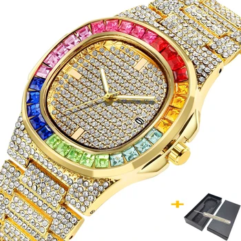 Lediniame Iš 18K Aukso laikrodis Vyrams, Prabangūs Deimantų Laikrodžiai Vyras Hip-Hop Vyrų Kvarcinis Laikrodis Hip-Hop Vyrų Laikrodis atsparus Vandeniui XFCS