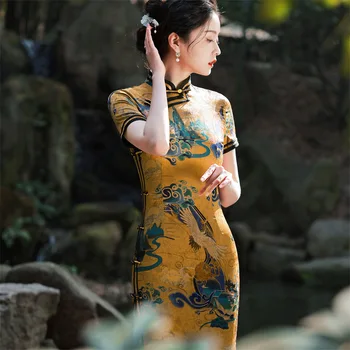 Geltonos Kinijos Panele Seksuali Cheongsam Spausdinti Gėlių Mini Qipao Traditioanl Atsitiktinis Suknelė Moterims Mandarinų Apykaklės Negabaritinių 3XL