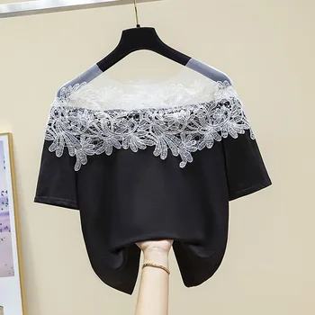 Juodos ir Baltos spalvos Siūlėmis Nėrinių marškinėliai trumpomis Rankovėmis Vieną Petį Elegantiškas Viršūnės iki 2022 m. Pavasario Vasaros Kasdienių Drabužių moterims
