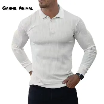 Naujas Long Sleeve T-shirts Vyrų Rudens Atvartas Apykaklės Mados Atsitiktinis vientisos Spalvos Joga Viršūnes Ilgai Tshirts Mygtuką-iki Jogger Marškinėliai