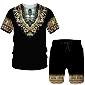 Naujas Mados Vyrai Moterys trumpomis Rankovėmis T-shirt Trumpas Kelnes, Kostiumas Afrikos Dashiki Derliaus 3D Spausdinimo Rinkinys
