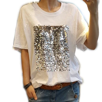 Naujas korėjos versija prarasti didelio dydžio medvilnės mados blizgančiais vientisos spalvos marškinėliai moterų trumparankoviai vasaros T-shirt