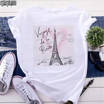 Paryžiaus Eifelio Bokštas Spausdinti moteriški marškinėliai Vasaros Mados Trumpas Rankovėmis Animacinių filmų Unisex Marškinėlius Punk Atsitiktinis O-Kaklo Viršūnes Tees Moteris