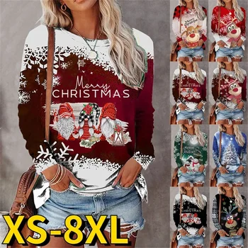 2022 Mados Atsitiktinis Viršūnes Seksualus ilgomis Rankovėmis Santa Atspausdintas T-shirt Rudens Žiemos Moterys Kalėdų Elegantiškas Megztinis Marškinėliai, Topai