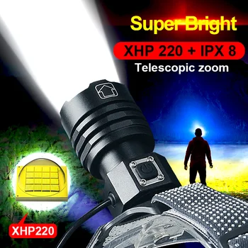Super Ryškus LED Žibintai Zoom XHP220 priekinis žibintas 18650 Baterija Galvos Žibintuvėlis Įkraunamas Žibintuvėlis Galingas XHP199 Žvejybos Žibintų
