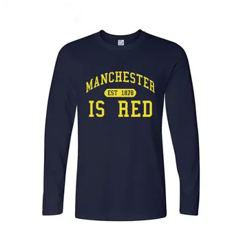Rudens Mados Stilius Jungtinės Karalystės Raudona Raidė Spausdinti Medvilnės Ilgomis Rankovėmis T Marškinėliai Vyrams Manchester Viršūnes Tees