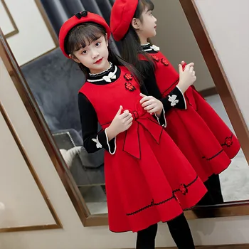 Rudenį, Žiemą Naujas Vaikų Suknelė Nustatyti Korėjos Stiliaus Raudona Naujųjų Metų Megztinis Ir Sijonas Nustatyti, Mergina, Mielas Princesė Purus Vestido Kostiumas