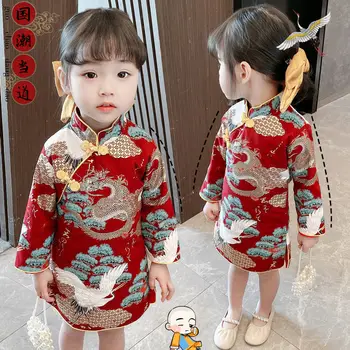 Pavasario Kinų Tradicinio Siuvinėjimo Cheongsam Mergaitėms Tango Atitiktų Naujus Metus Kūdikių Dress Vaikams Red Dragon Spausdinti Mielas Qipao