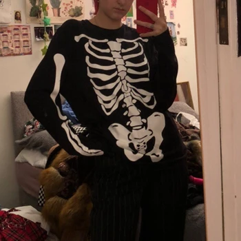 Moterų Helovinas Gotikos Skeletas, Print T-shirt Y2K Harajuku Drabužius ilgomis Rankovėmis, O ant Kaklo Megztinis Viršūnės E-girl Streetwear Rudenį