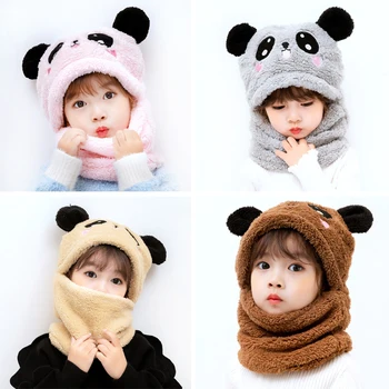 Vaikų Aksomo Bžūp Panda Ausis Merginos Šiltas Šalikas Nustatyti Plius Aksomo Skrybėlę Žiemos 1-10 Metų Vaikams, Cartoon Tirštėti Panda Galvos Skrybėlę