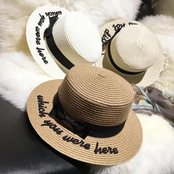 Lady siuvinėjimo saulės kepurės vairininko skrybėlę Moterų lankas Vasaros Juostele Turas Bow Flat Top Platus Kraštų Šiaudų Skrybėlę Moterų Fedora Panamos Skrybėlė