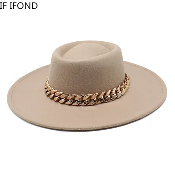 9.5 CM Didelis Kraštų Fedora Skrybėlę Žiemą, Rudenį, Vilna, Storas Aukso Grandinės Veltiniai Džiazo Kepurė Panama Bažnyčia Derby Top hat