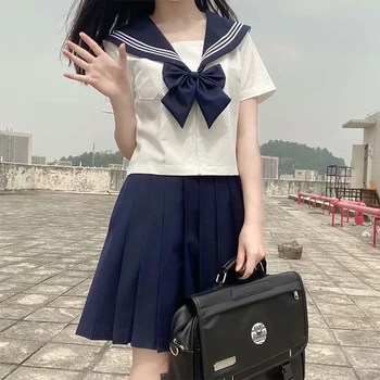 Juoda Balta JK Vienodas Vasaros Trumpos/ilgos Rankovės Japonijos mokyklines Uniformas Merginos Sailor Rinkiniai, Klostuotas Sijonas JK Vienodas COS Kostiumas