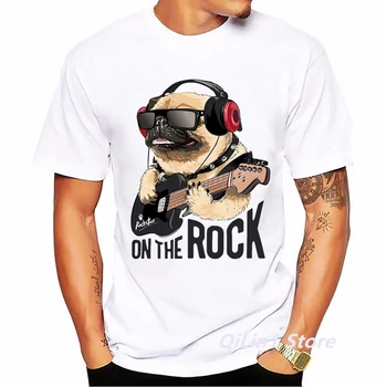Pug Šuo Rockstar Ant Uolos Juokinga Marškinėlius Vyrų Grafinis T Marškinėliai Vasaros Vyrų Balti trumpomis Rankovėmis Camisetas Hombre Hip-Hop T-Shirt