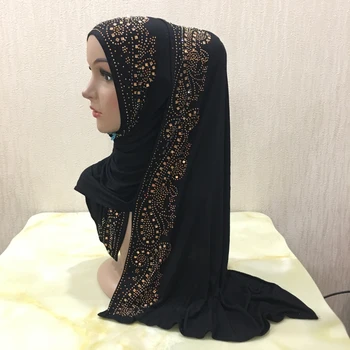 H099 medvilnės jersey musulmonų ilgas šalikas su cirkonio modalinis skarelė islamo hijab skara arabų stačiakampio formos headwrap galvos apdangalai