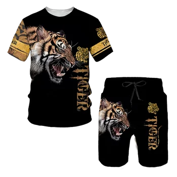 Tigras 3D Atspausdintas Moterų Vyrai marškinėliai Rinkiniai Mados Vyrų Liūtas Tracksuit Viršūnes Šortai, Sporto Ir Laisvalaikio Vasaros Vyrų Kostiumas