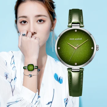 DOM Viršuje Prabangos Moterų Kvarco Riešo Žiūrėti Elegantiška Žalia Moterų Laikrodžiai Oda atspari Vandeniui Laikrodis Mergina Modelio Laikrodžių G-1292