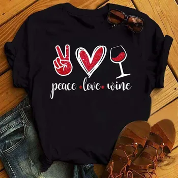 Taikos Meilės Vyno Spausdinti Marškinėliai Moterims Trumpomis Rankovėmis O Kaklo Laisvus Marškinėlius Vasarą Moterys, Marškinėliai, Topai Drabužius Camisetas Mujer