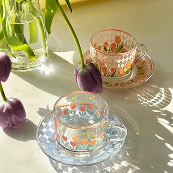 CuteLife Ins Tulpių Gražių Gėlių Stiklo Taurės Lėkštė Desertui Geriamojo Pieno Lediniame Kavos Puodelio Nustatyti, Virtuvė Dekoratyvinis Pusryčiai Taurė