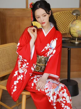 Moterų Japonijos Tradicinių Kimono Raudonos Spalvos Gėlių Spaudinių ilgomis Rankovėmis Oficialų Yukata Fotografijos Suknelė Cosplay Kostiumas