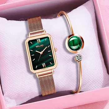 Prekės INS Moterų Laikrodžiai Mados Aikštė Ponios Kvarcas Laikrodžio Apyrankė Nustatyti, Žalias Ciferblatas Paprasta Rose Gold 