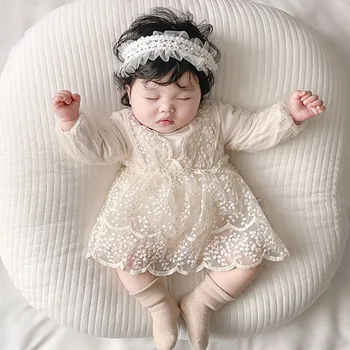 0-2Years Princesė Naujagimis Baby Girl Dress Romper ilgomis Rankovėmis Nėriniai Siuvinėjimo Skirted Jumpsuit Vienas Gabalus Gimtadienio Drabužiai